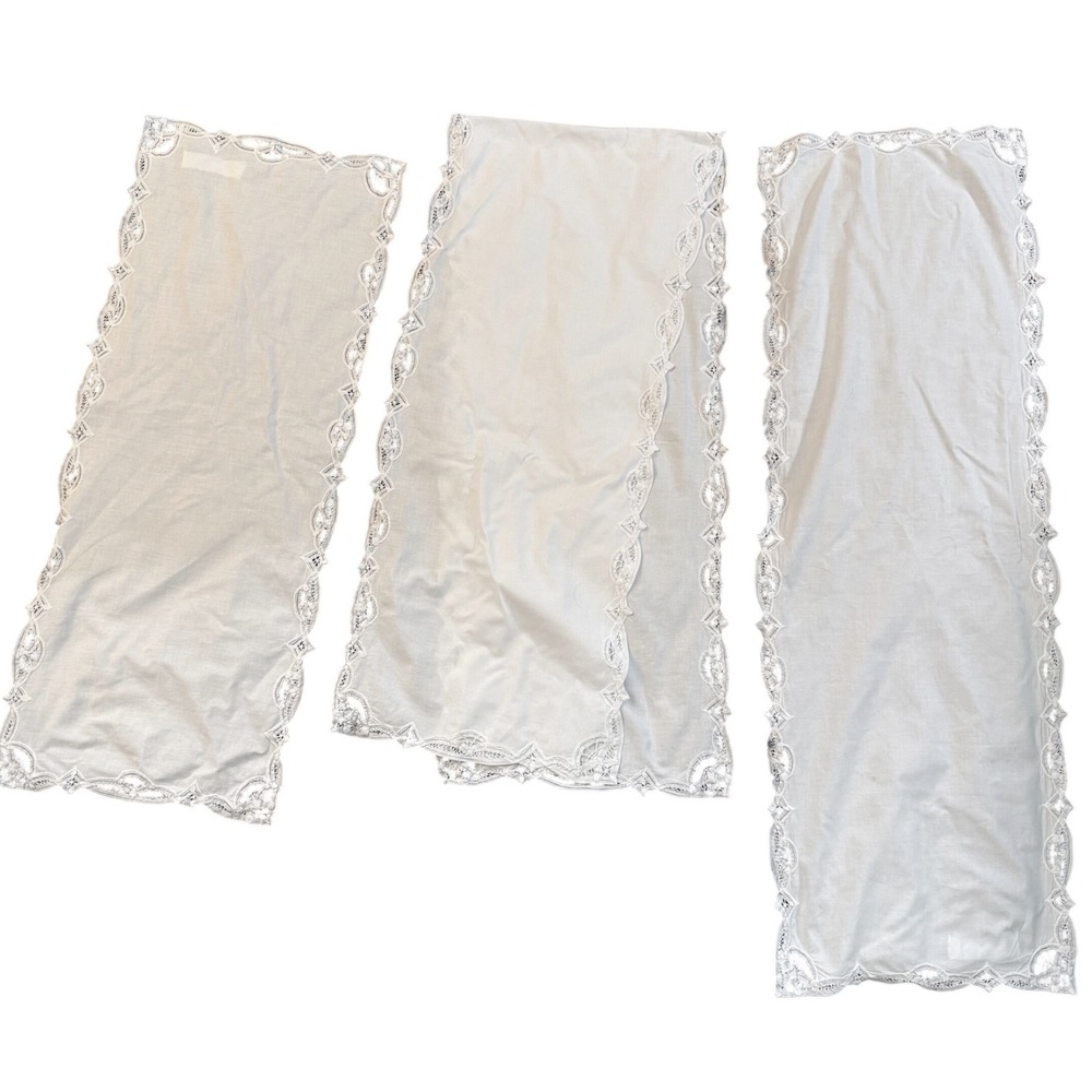 White Cotton Lace Trim Table Runner Set of 3 SB99057W 100% Cotton